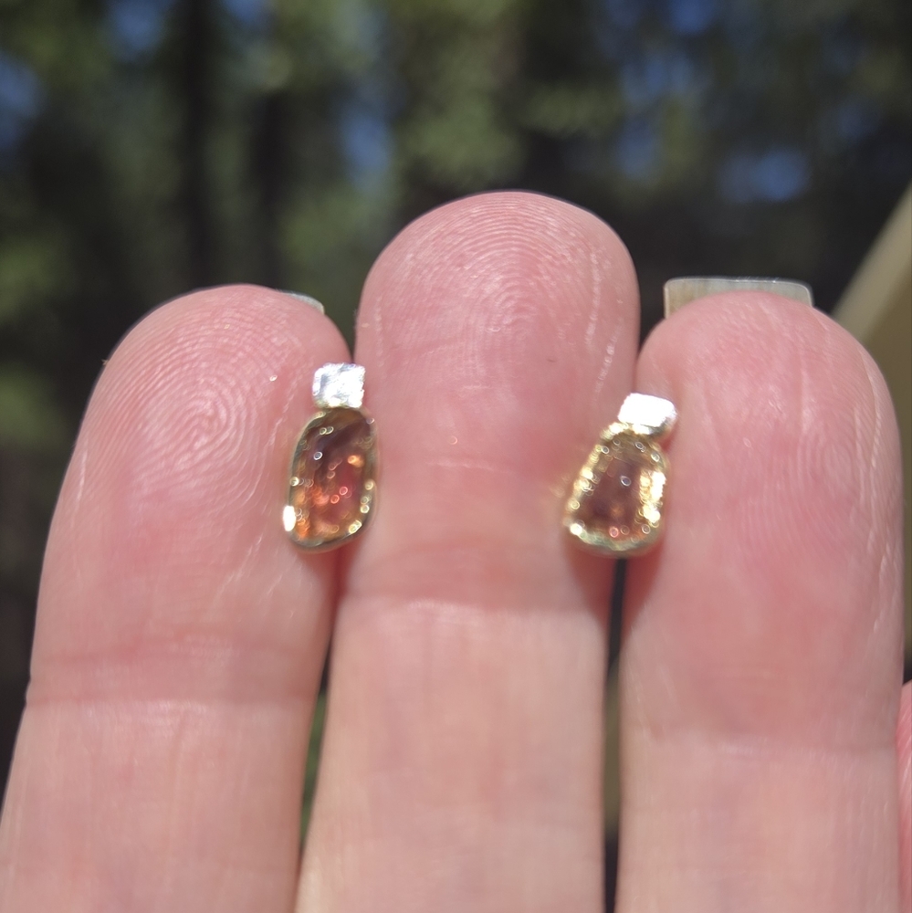 Tangarine Tourmaline Natural Sterling & Gold Stud Earrings - Picture 2 of 8